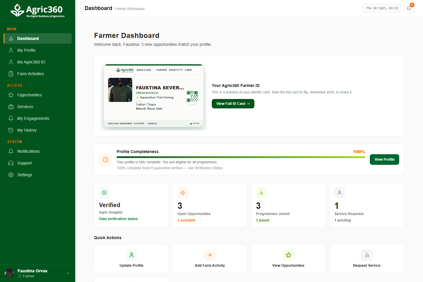 A real Agric360 farmer dashboard showing a verified profile, ID card, and programme participation