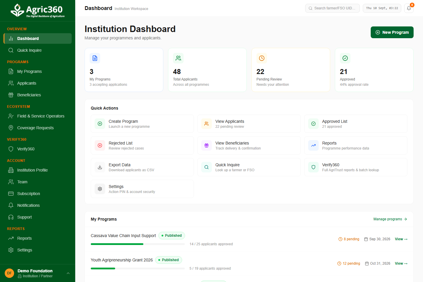 A real Agric360 institution dashboard showing published programmes, applicants, and approval stats