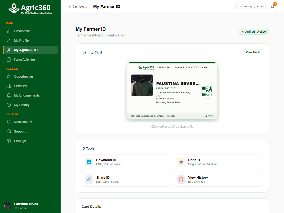 A real Agric360 farmer's verified ID card and download/print/share tools